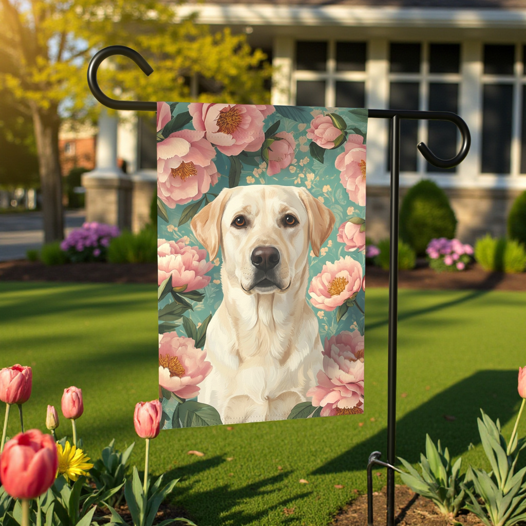 Pink Peony Yellow Labrador Retriever Garden Flag - lifestyle display - Dragonfire Gardens