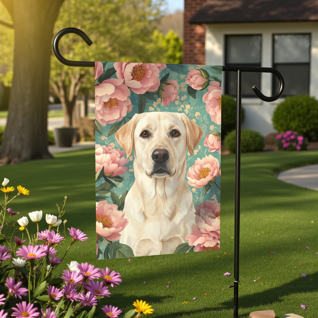 Pink Peony Yellow Labrador Retriever Garden Flag - front view - Dragonfire Gardens
