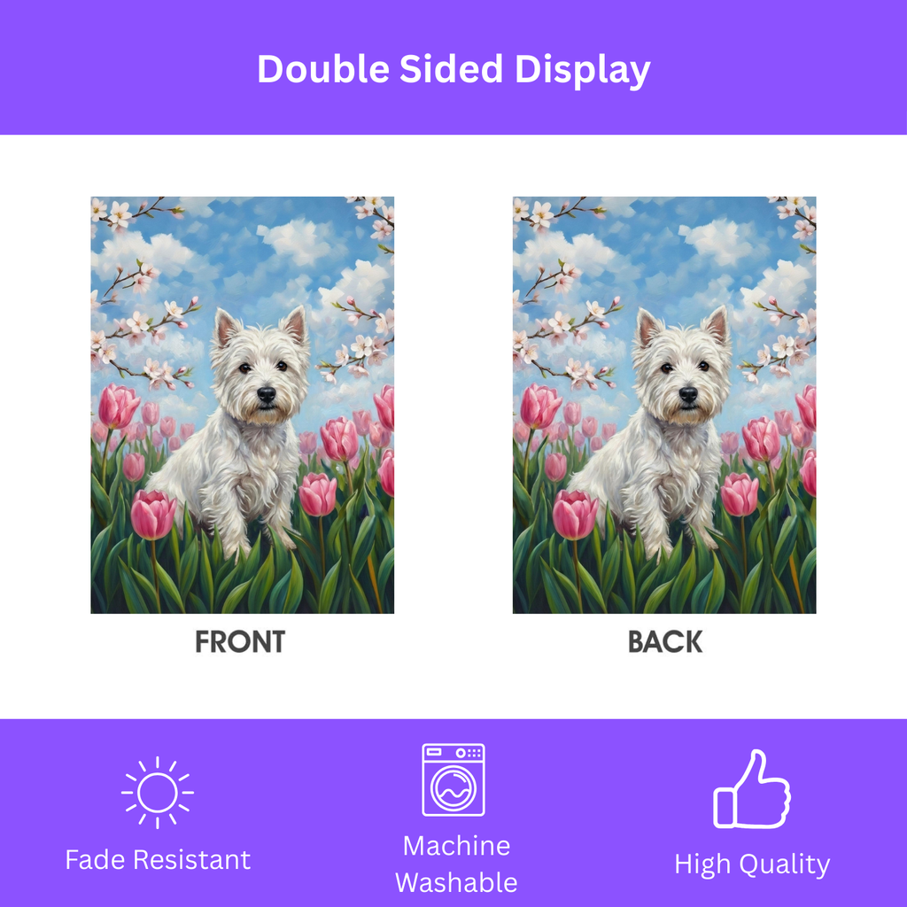 Pink Tulip Westie Garden Flag - double-sided design - Dragonfire Gardens