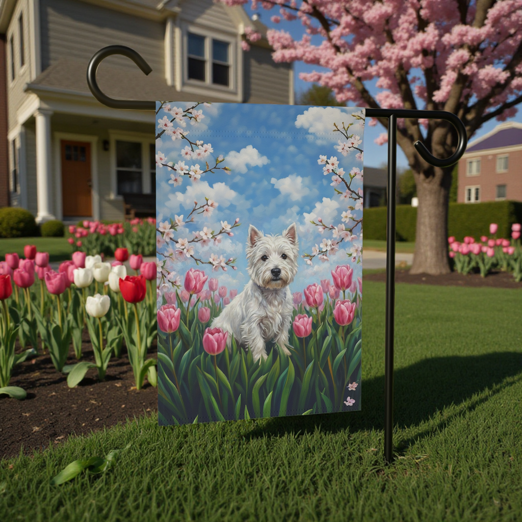 Pink Tulip Westie Garden Flag - size comparison - Dragonfire Gardens