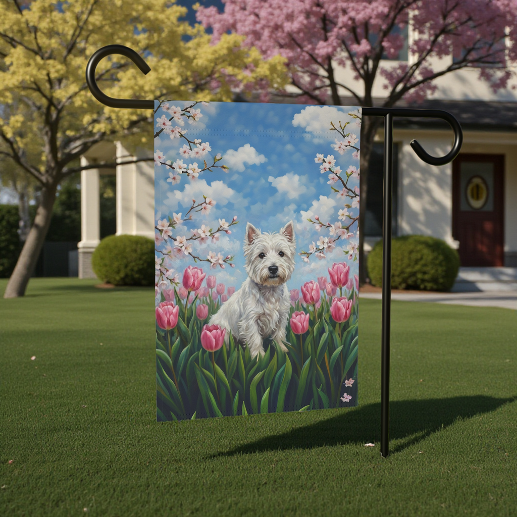 Pink Tulip Westie Garden Flag - lifestyle display - Dragonfire Gardens