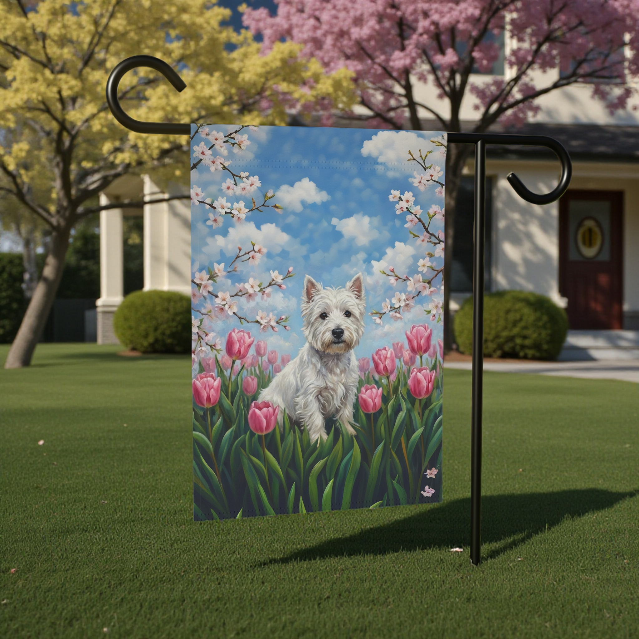 Pink Tulip Westie Garden Flag - lifestyle display - Dragonfire Gardens