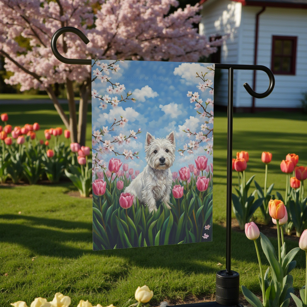 Pink Tulip Westie Garden Flag - front view - Dragonfire Gardens
