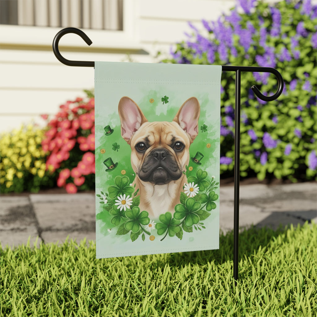 Shamrocks and French Bulldog Garden Flag - outdoor display - Dragonfire Gardens