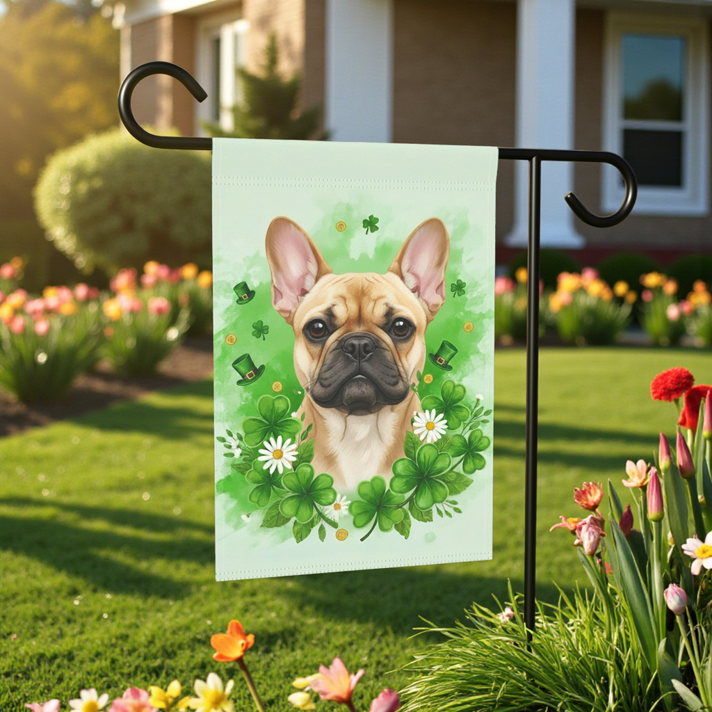 Shamrocks and French Bulldog Garden Flag - size comparison - Dragonfire Gardens
