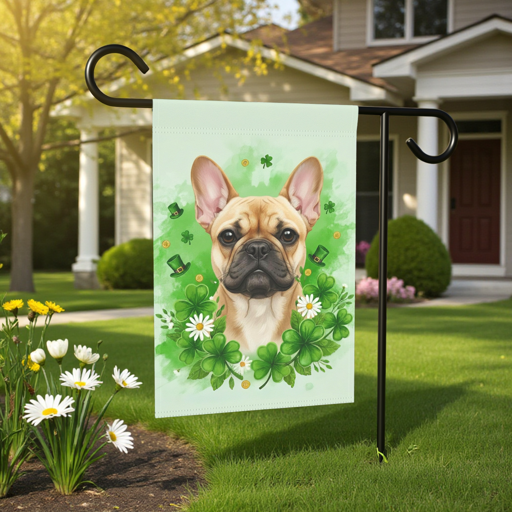 Shamrocks and French Bulldog Garden Flag - lifestyle display - Dragonfire Gardens