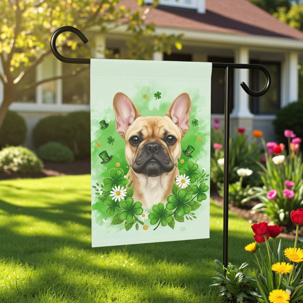 Shamrocks and French Bulldog Garden Flag - front view - Dragonfire Gardens