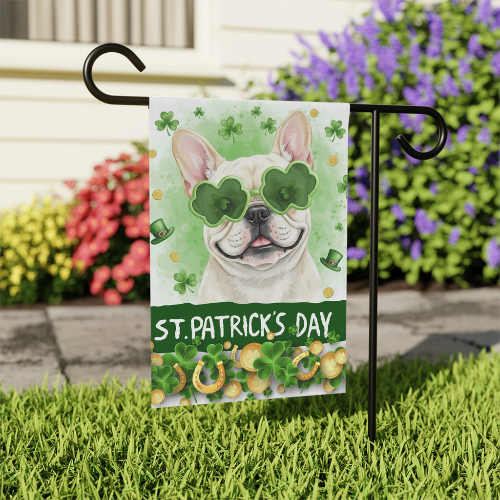 St. Patrick's Clover Glasses French Bulldog Garden Flag - outdoor display - Dragonfire Gardens