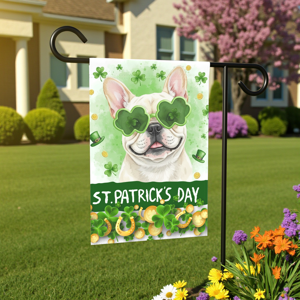 St. Patrick's Clover Glasses French Bulldog Garden Flag - size comparison - Dragonfire Gardens
