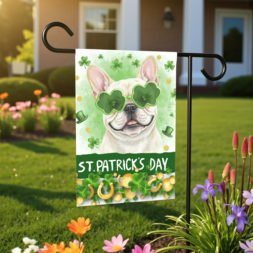 St. Patrick's Clover Glasses French Bulldog Garden Flag - front view - Dragonfire Gardens