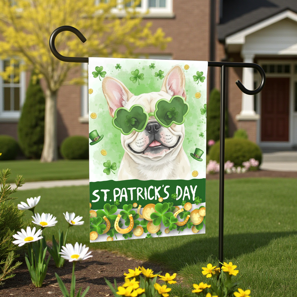 St. Patrick's Clover Glasses French Bulldog Garden Flag - lifestyle display - Dragonfire Gardens