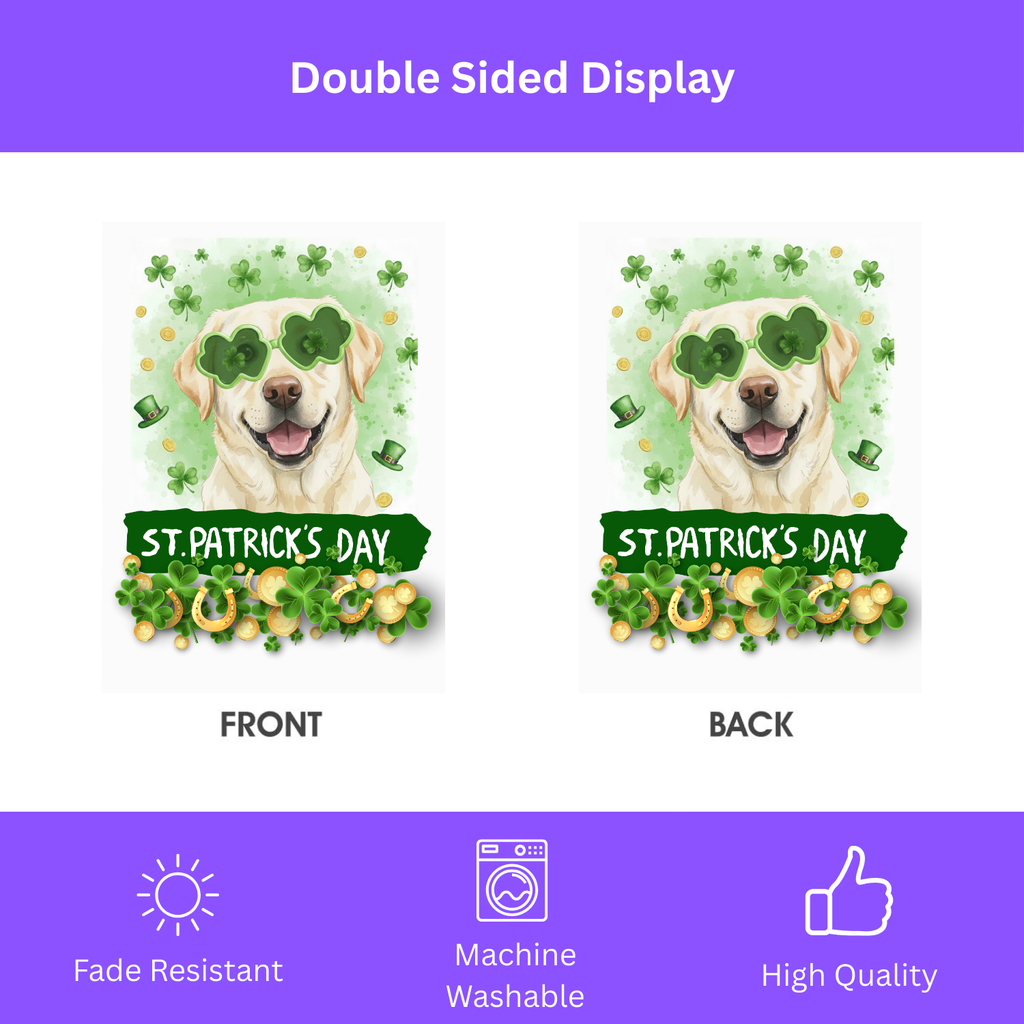 St. Patrick’s Clover Glasses Yellow Labrador Retriever Garden Flag - double-sided design - Dragonfire Gardens