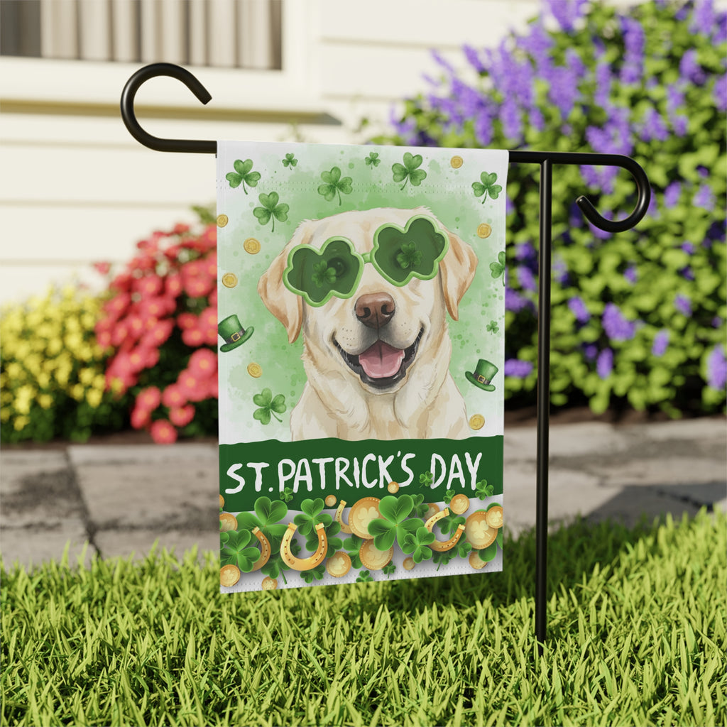 St. Patrick’s Clover Glasses Yellow Labrador Retriever Garden Flag - outdoor display - Dragonfire Gardens
