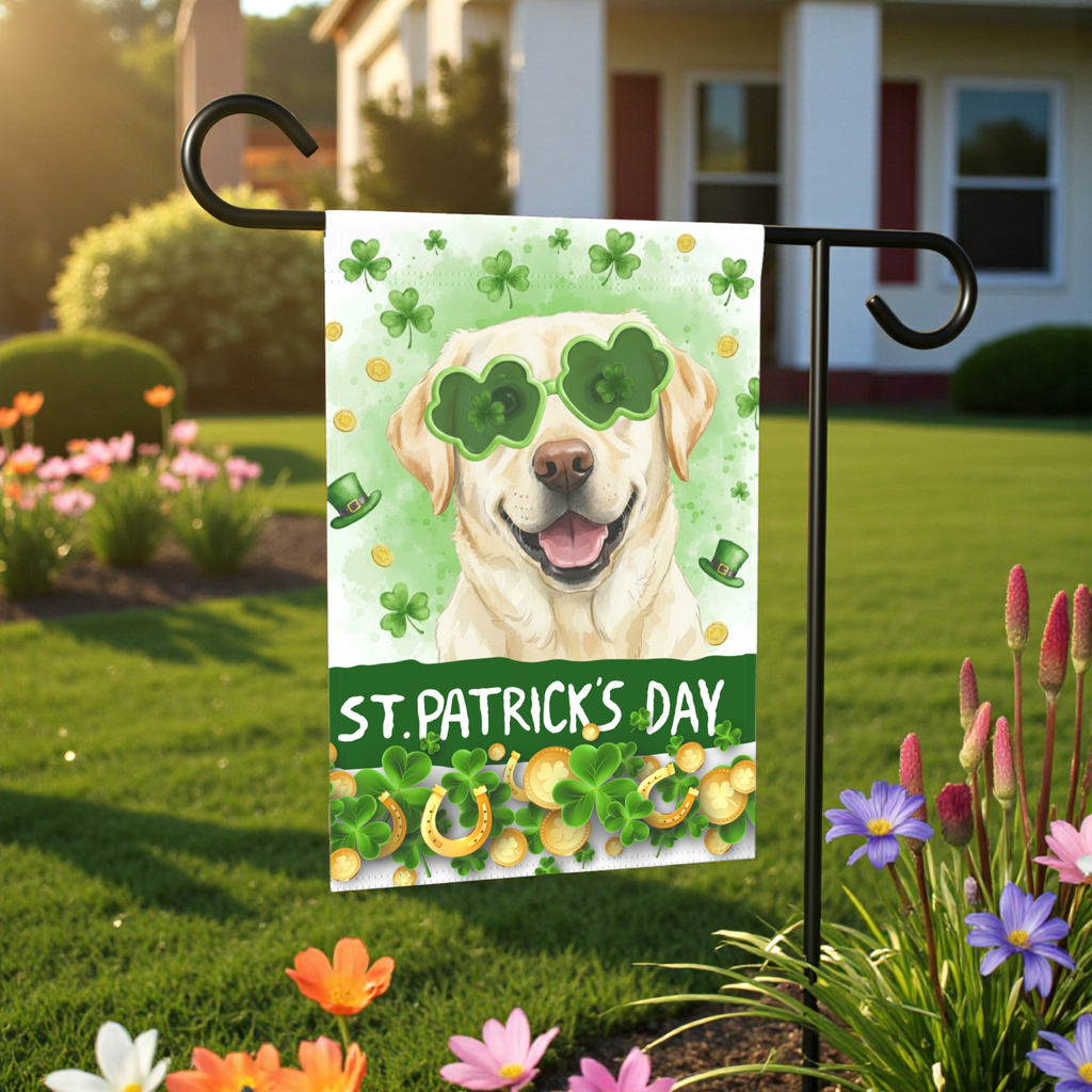 St. Patrick’s Clover Glasses Yellow Labrador Retriever Garden Flag - front view - Dragonfire Gardens