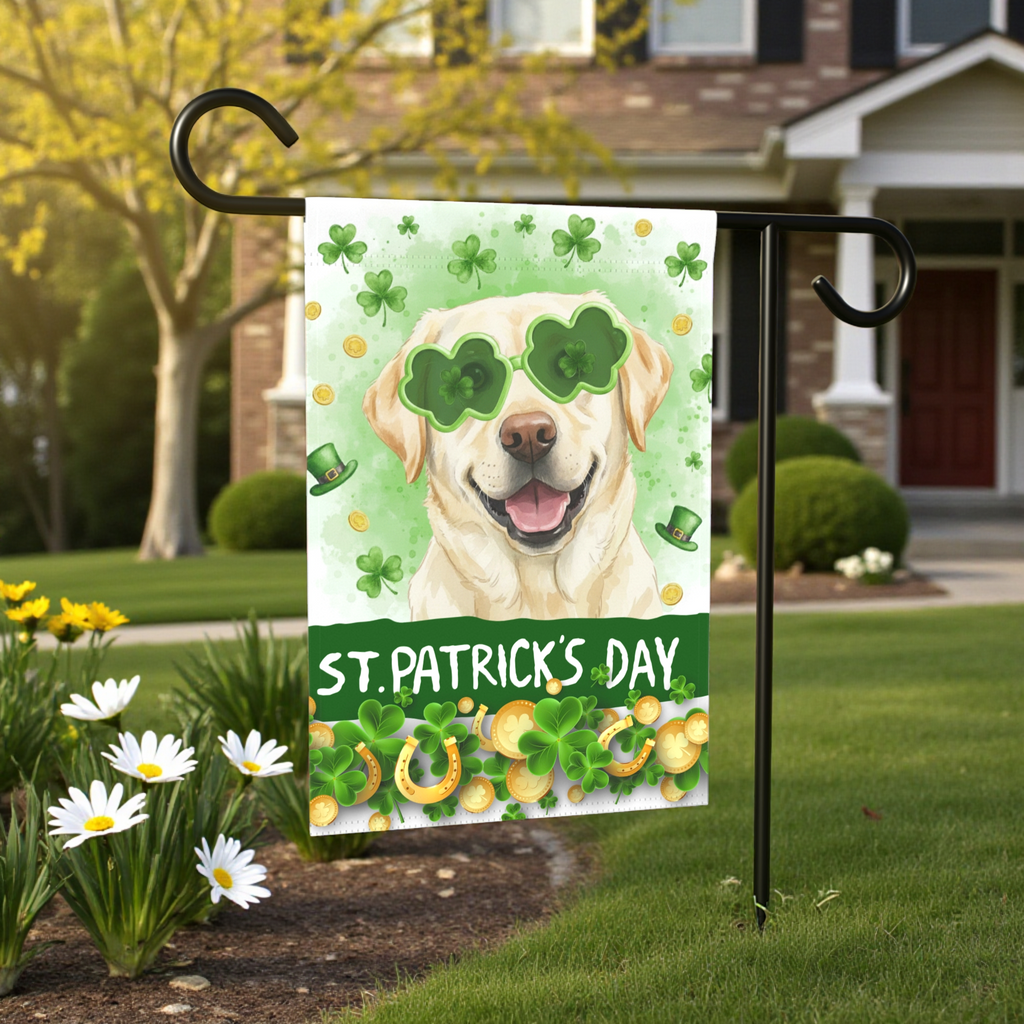 St. Patrick’s Clover Glasses Yellow Labrador Retriever Garden Flag - size comparison - Dragonfire Gardens