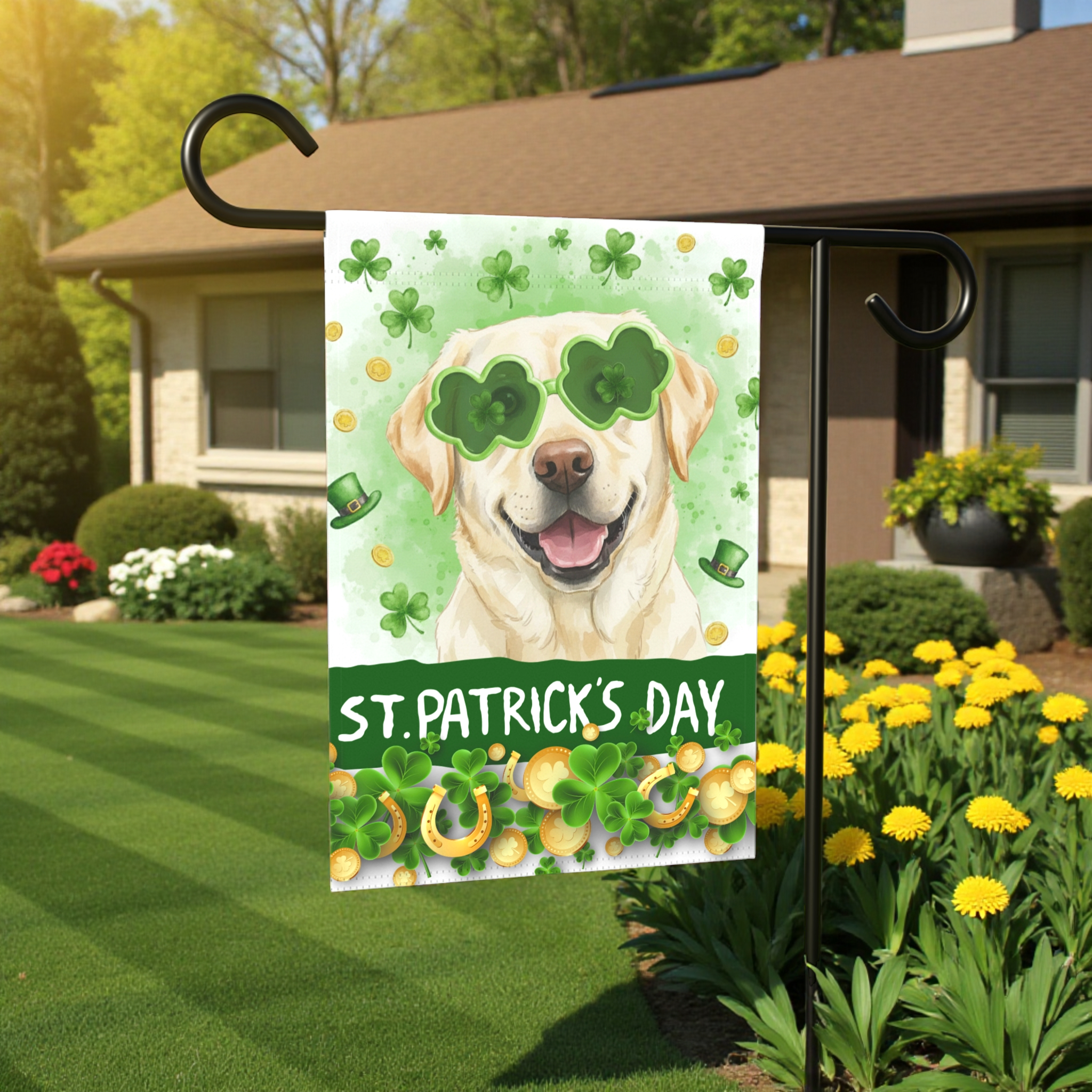 St. Patrick’s Clover Glasses Yellow Labrador Retriever Garden Flag - lifestyle display - Dragonfire Gardens