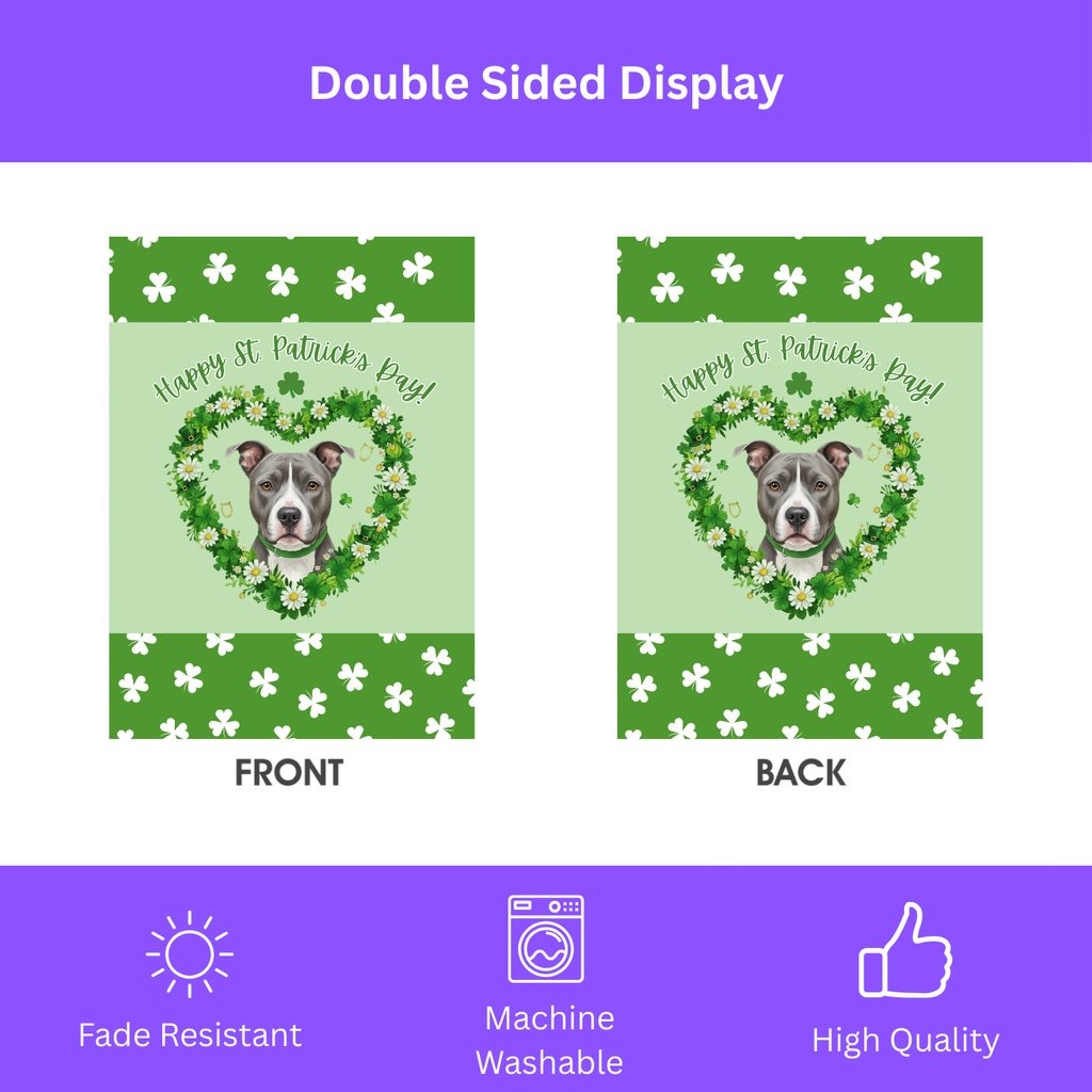St. Patrick's Day Shamrock Gray Pitbull Terrier Garden Flag - double-sided design - Dragonfire Gardens