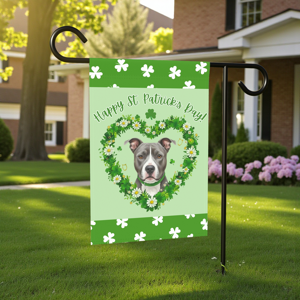 St. Patrick's Day Shamrock Gray Pitbull Terrier Garden Flag - size comparison - Dragonfire Gardens