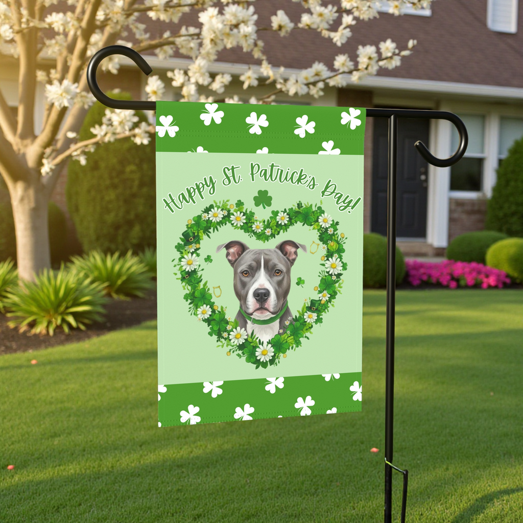 St. Patrick's Day Shamrock Gray Pitbull Terrier Garden Flag - lifestyle display - Dragonfire Gardens