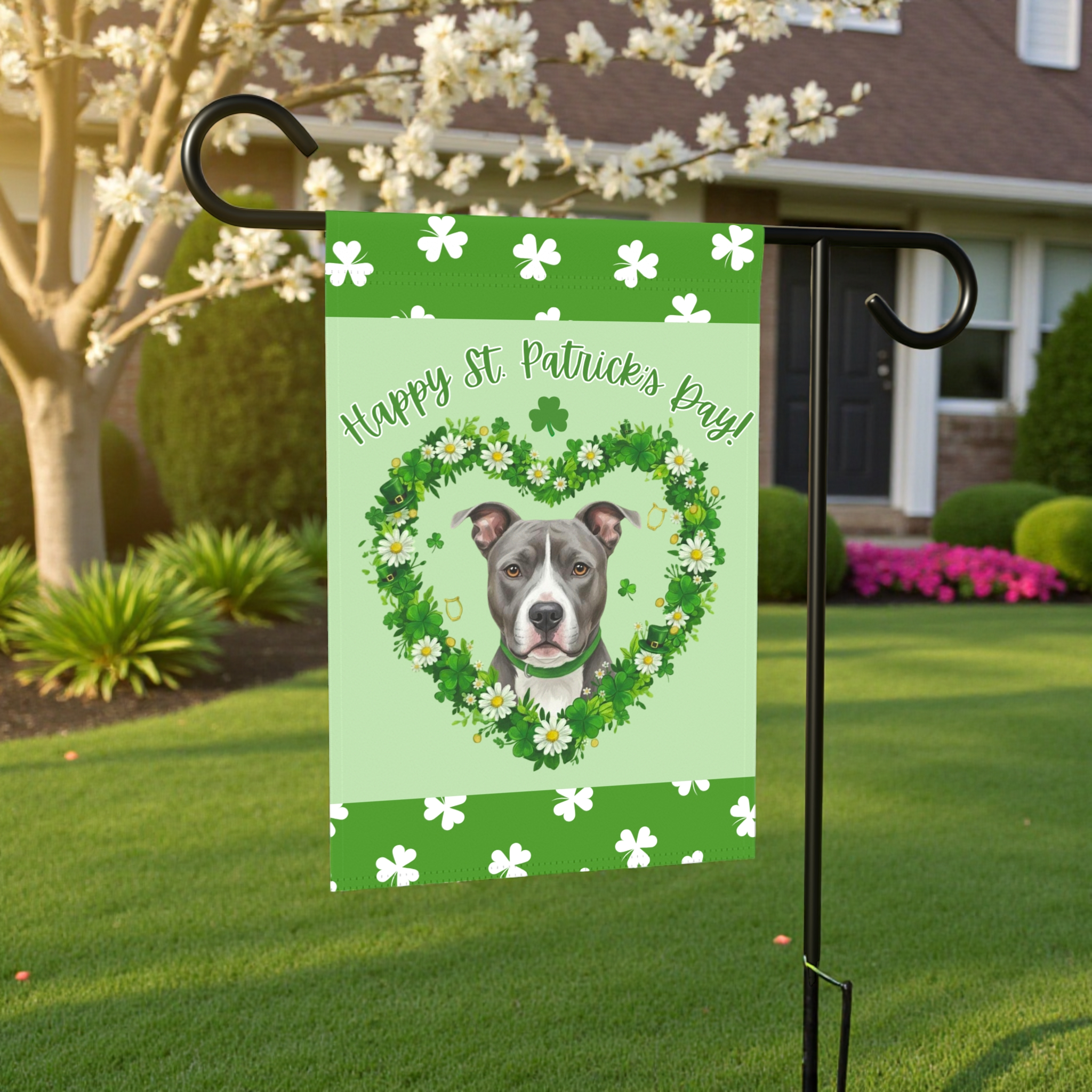 St. Patrick's Day Shamrock Gray Pitbull Terrier Garden Flag - lifestyle display - Dragonfire Gardens