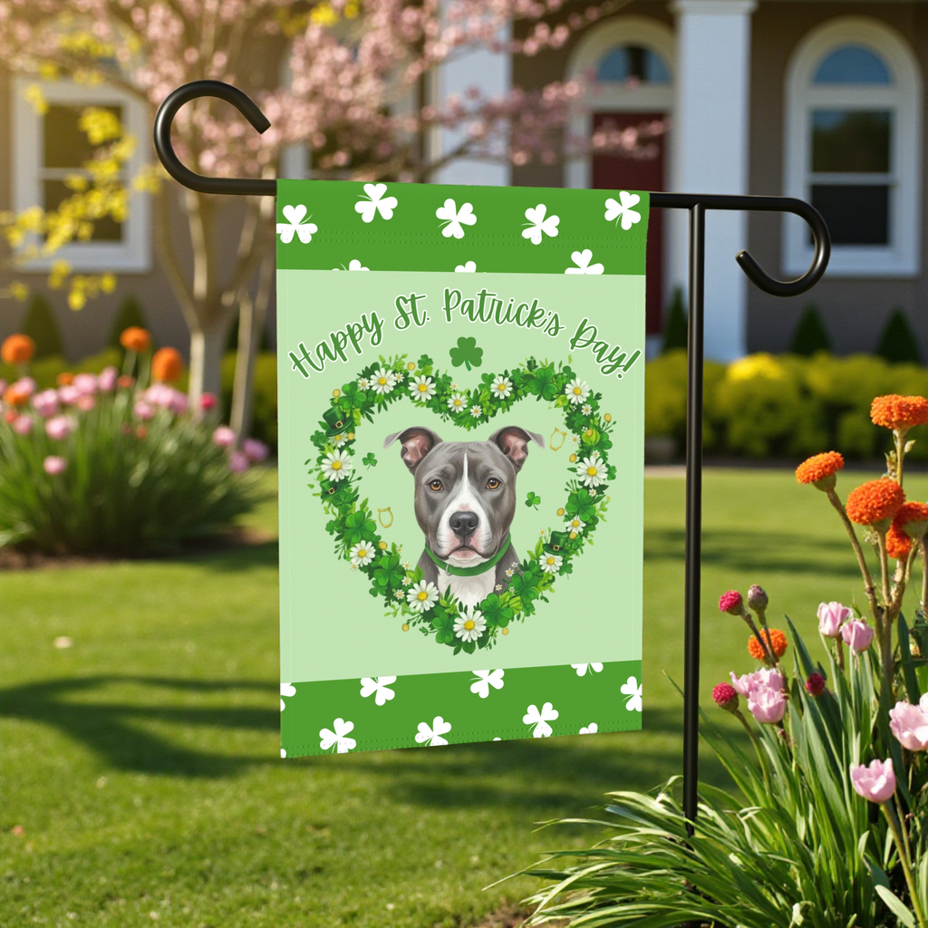 St. Patrick's Day Shamrock Gray Pitbull Terrier Garden Flag - front view - Dragonfire Gardens