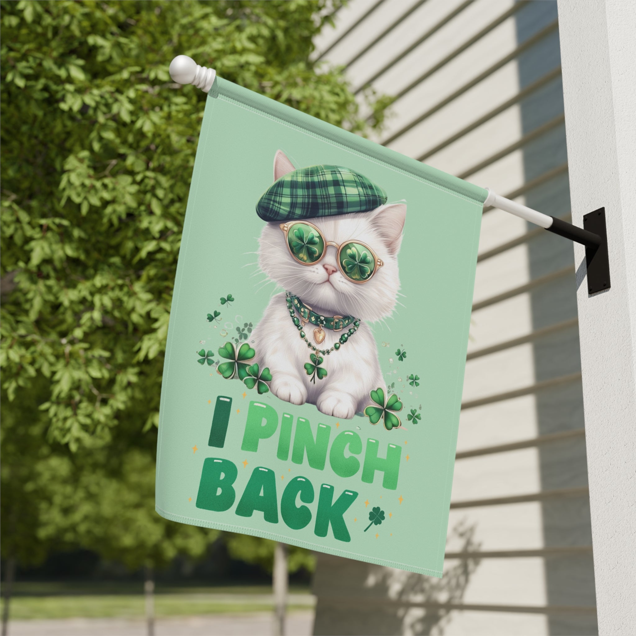 White Shamrock Kitten Garden Flag