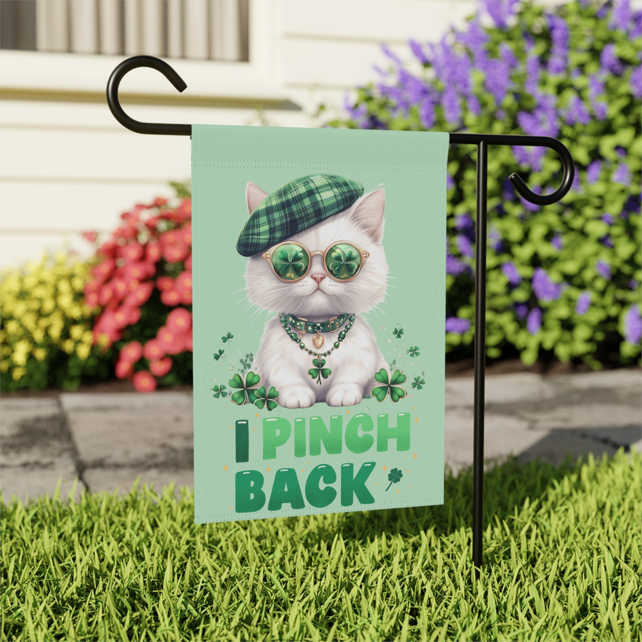 White Shamrock Kitten Garden Flag