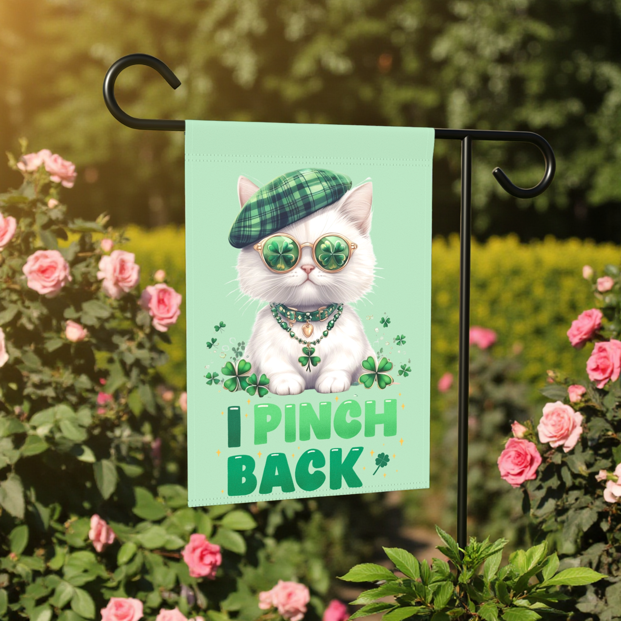 White Shamrock Kitten Garden Flag