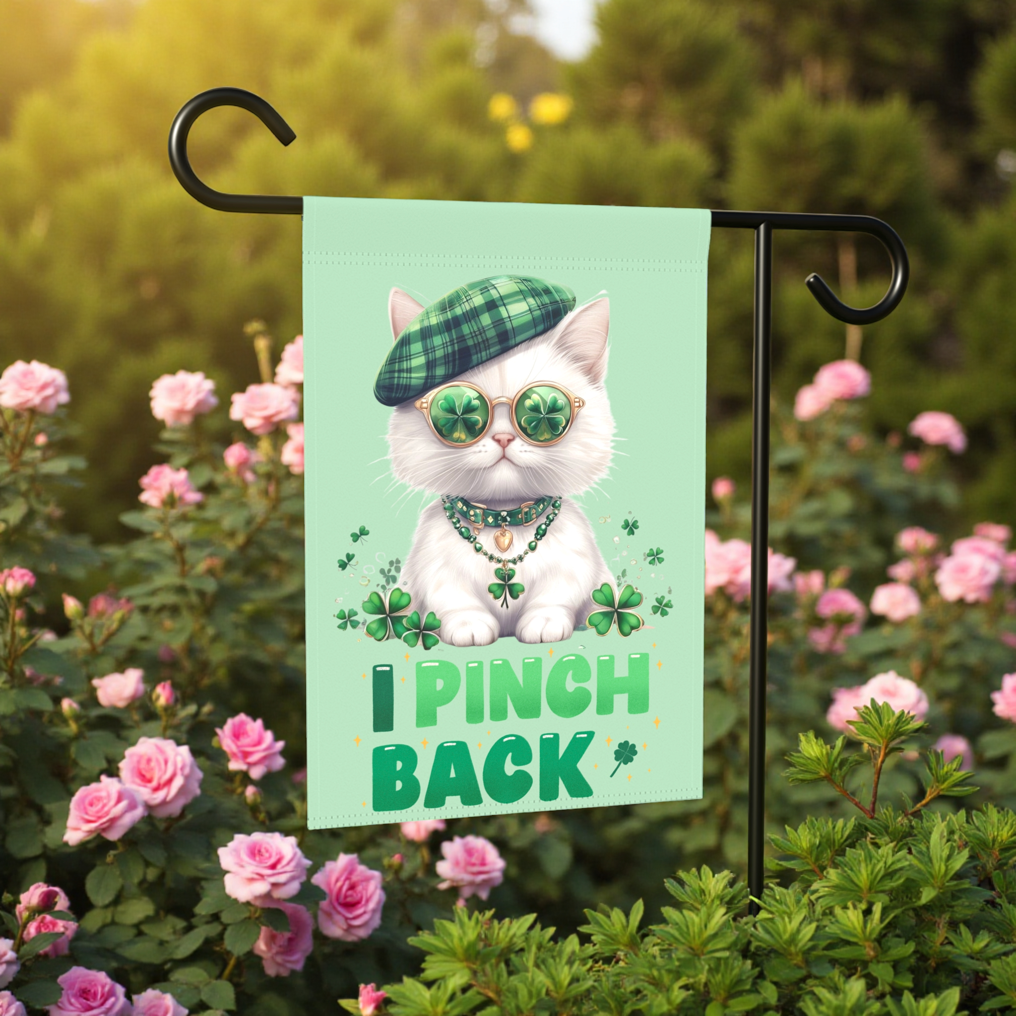 White Shamrock Kitten Garden Flag