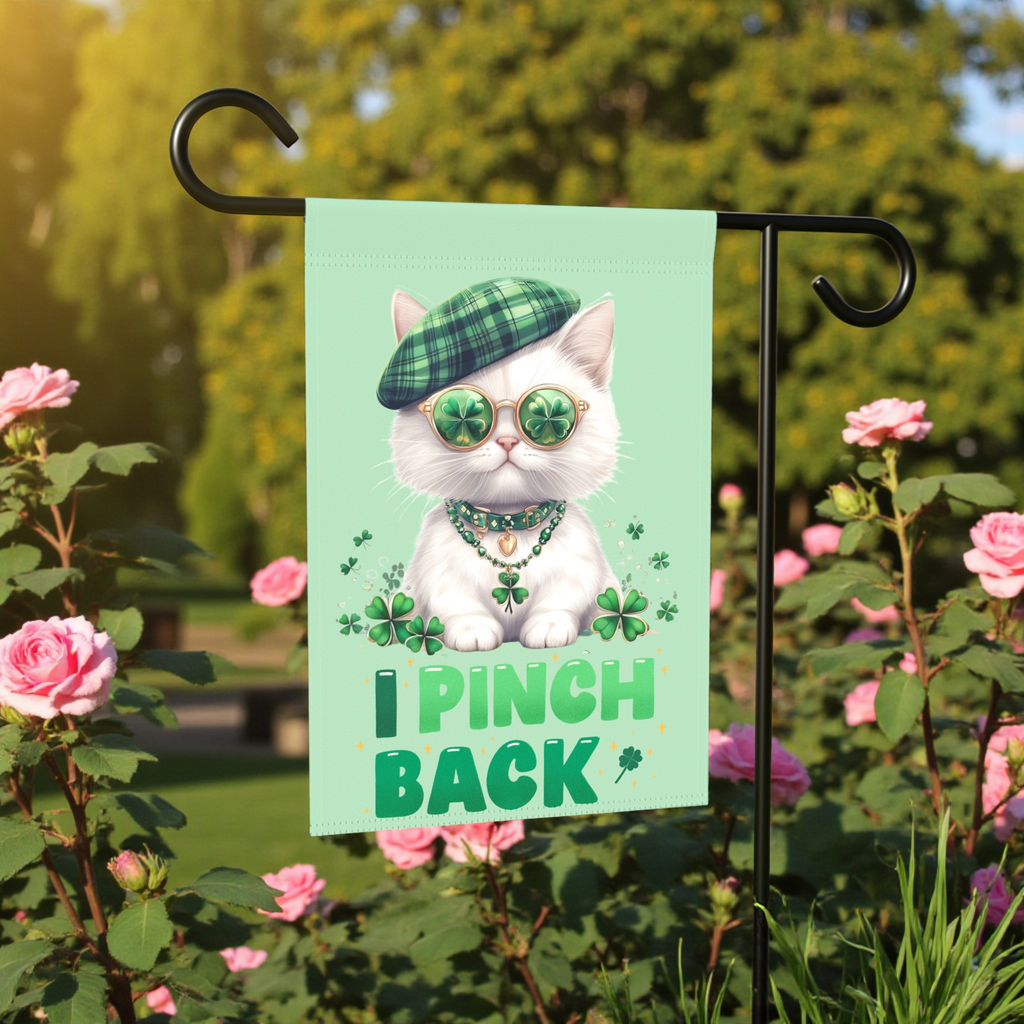 White Shamrock Kitten Garden Flag - lifestyle display - Dragonfire Gardens