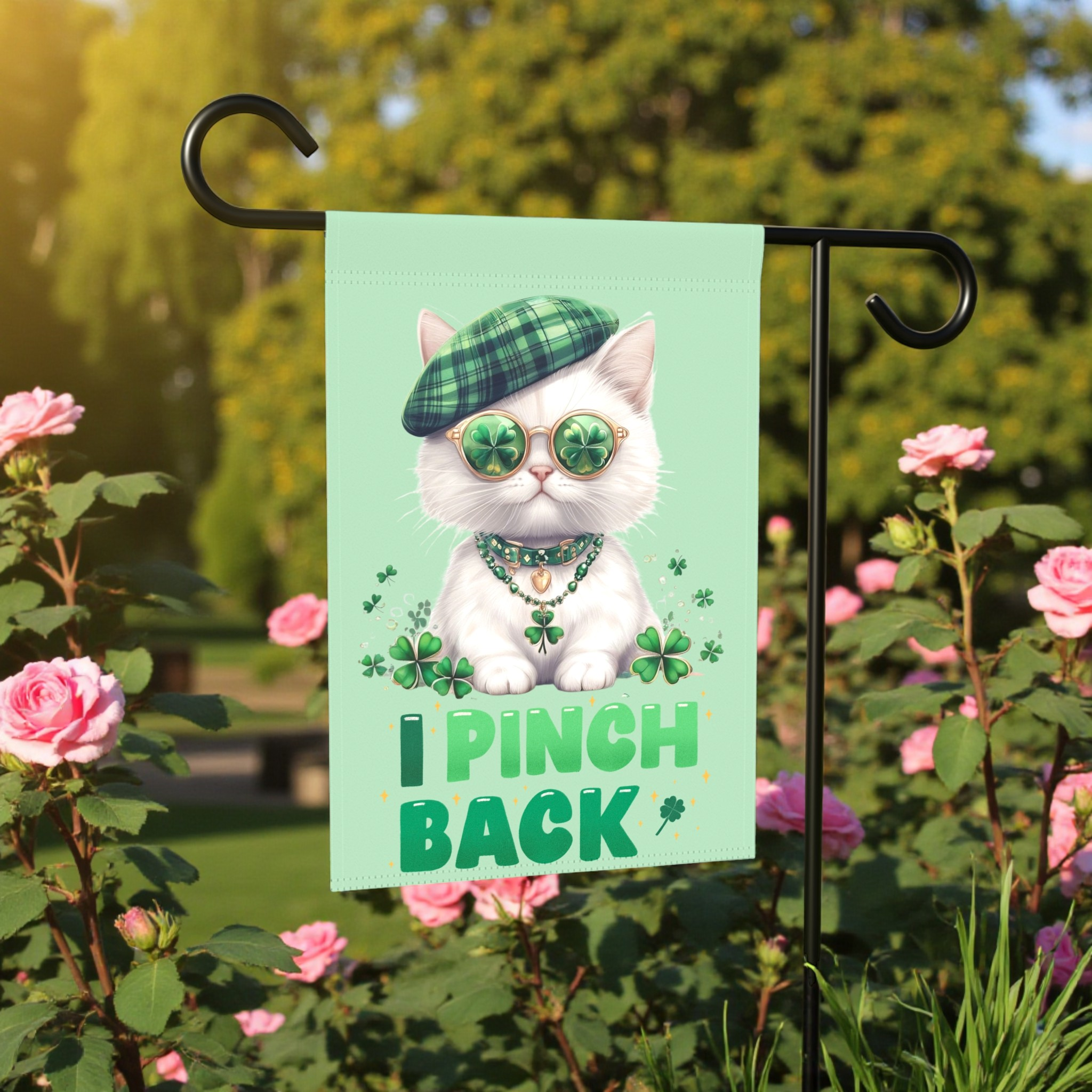 White Shamrock Kitten Garden Flag - lifestyle display - Dragonfire Gardens