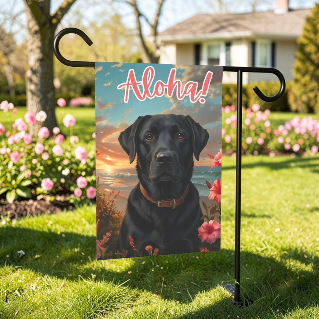 Tropical Sunset Black Labrador Retriever Garden Flag - lifestyle display - Dragonfire Gardens