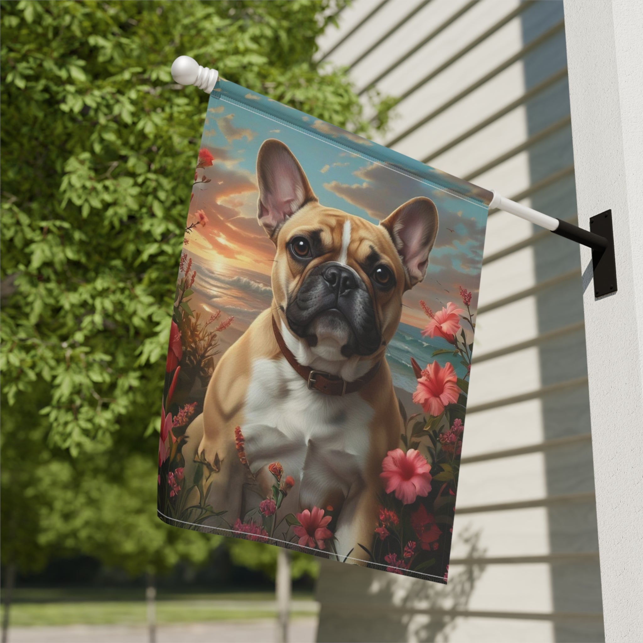 Tropical Sunset French Bulldog Garden Flag - close-up detail - Dragonfire Gardens