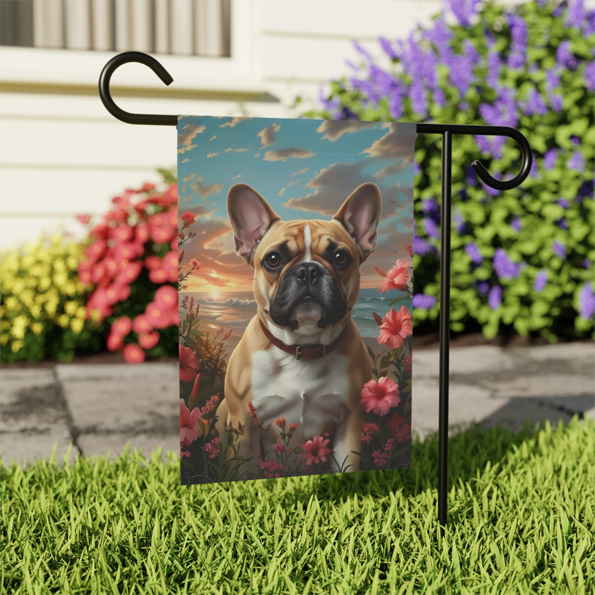 Tropical Sunset French Bulldog Garden Flag - outdoor display - Dragonfire Gardens