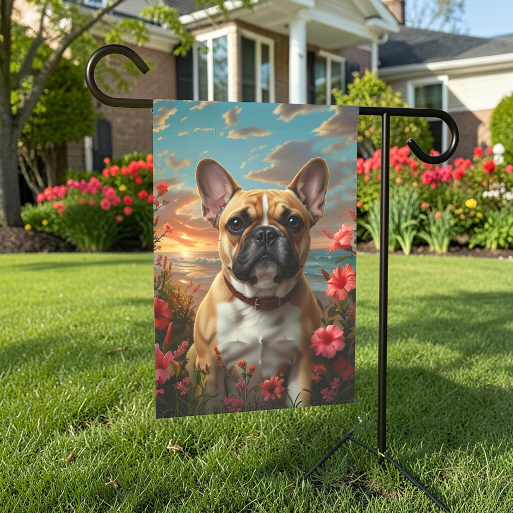 Tropical Sunset French Bulldog Garden Flag - size comparison - Dragonfire Gardens