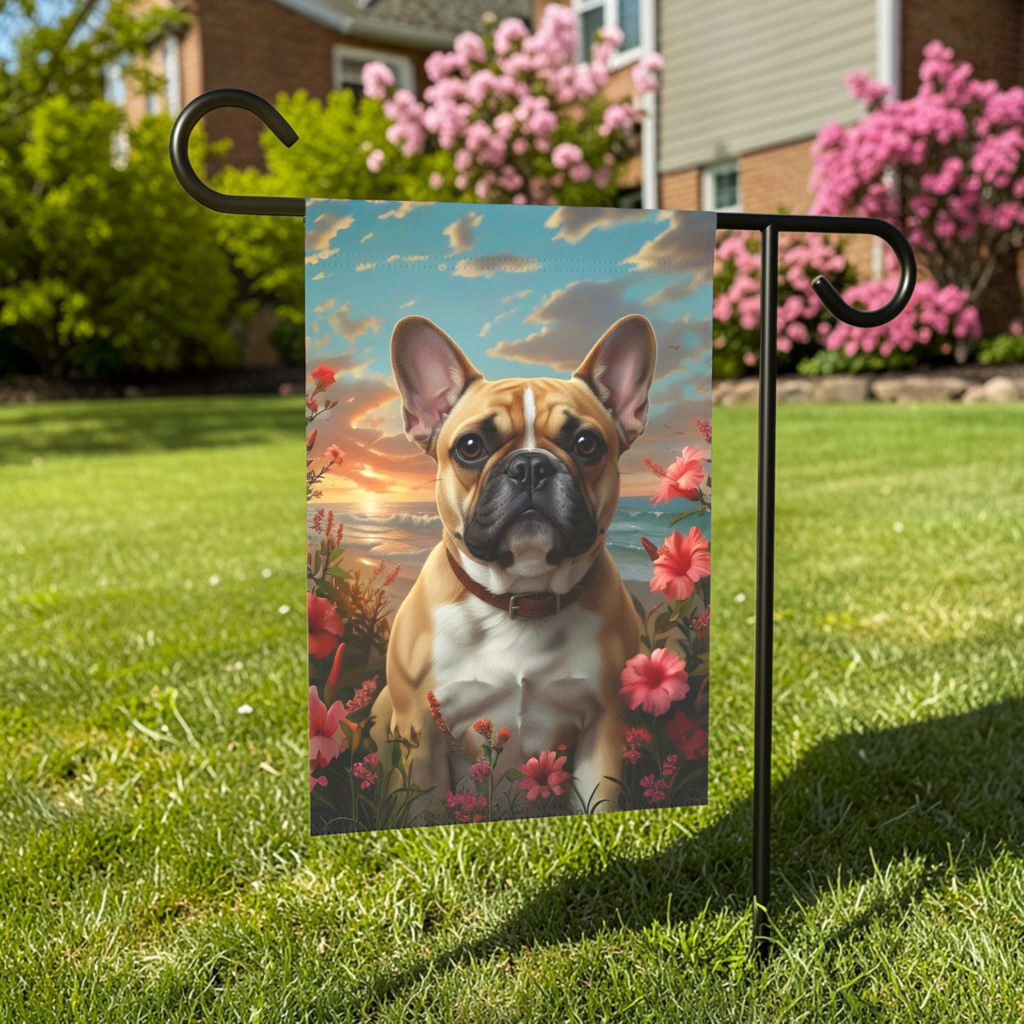 Tropical Sunset French Bulldog Garden Flag - front view - Dragonfire Gardens