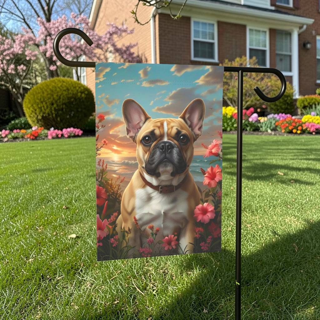 Tropical Sunset French Bulldog Garden Flag - lifestyle display - Dragonfire Gardens