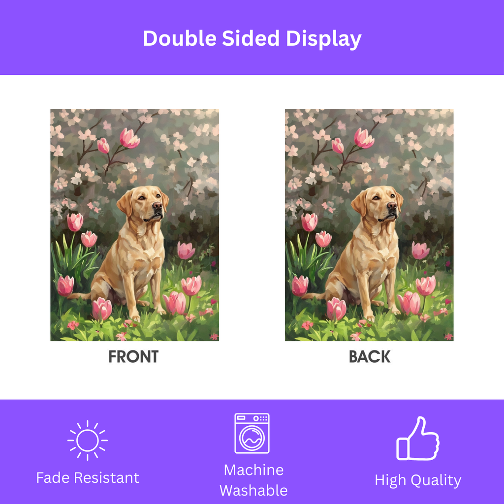 Pink Tulips And Yellow Labrador Retriever Garden Flag - double-sided design - Dragonfire Gardens