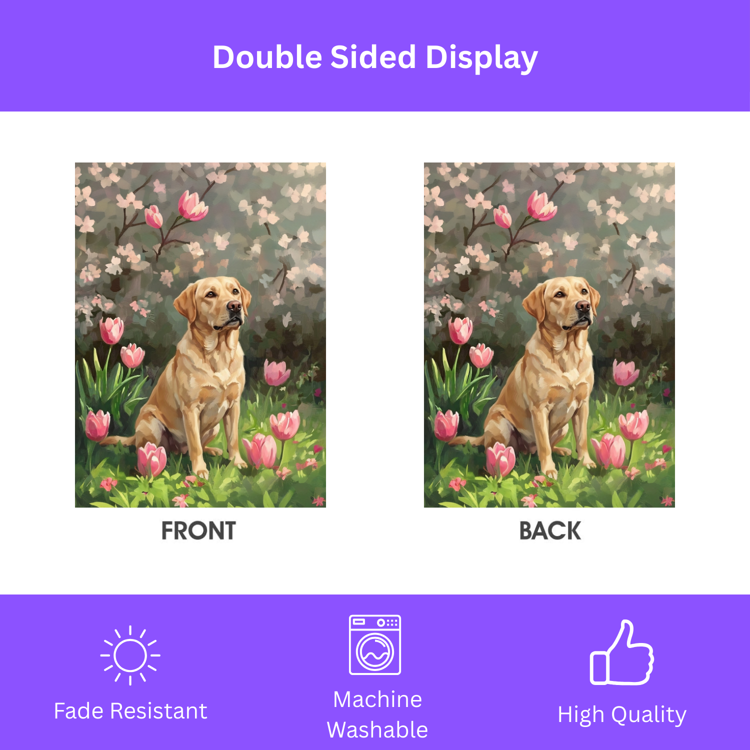 Pink Tulips And Yellow Labrador Retriever Garden Flag - double-sided design - Dragonfire Gardens