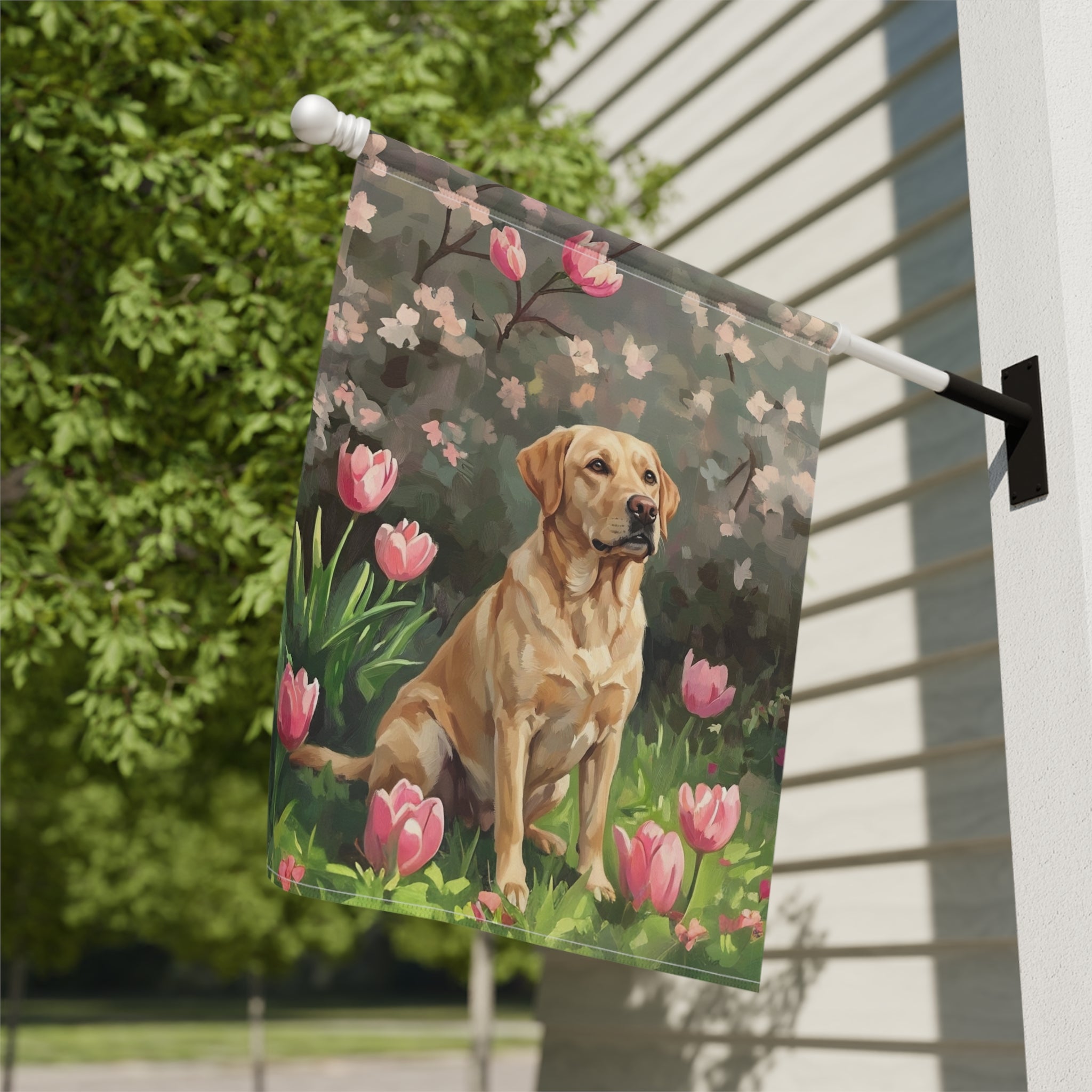 Pink Tulips And Yellow Labrador Retriever Garden Flag - close-up detail - Dragonfire Gardens