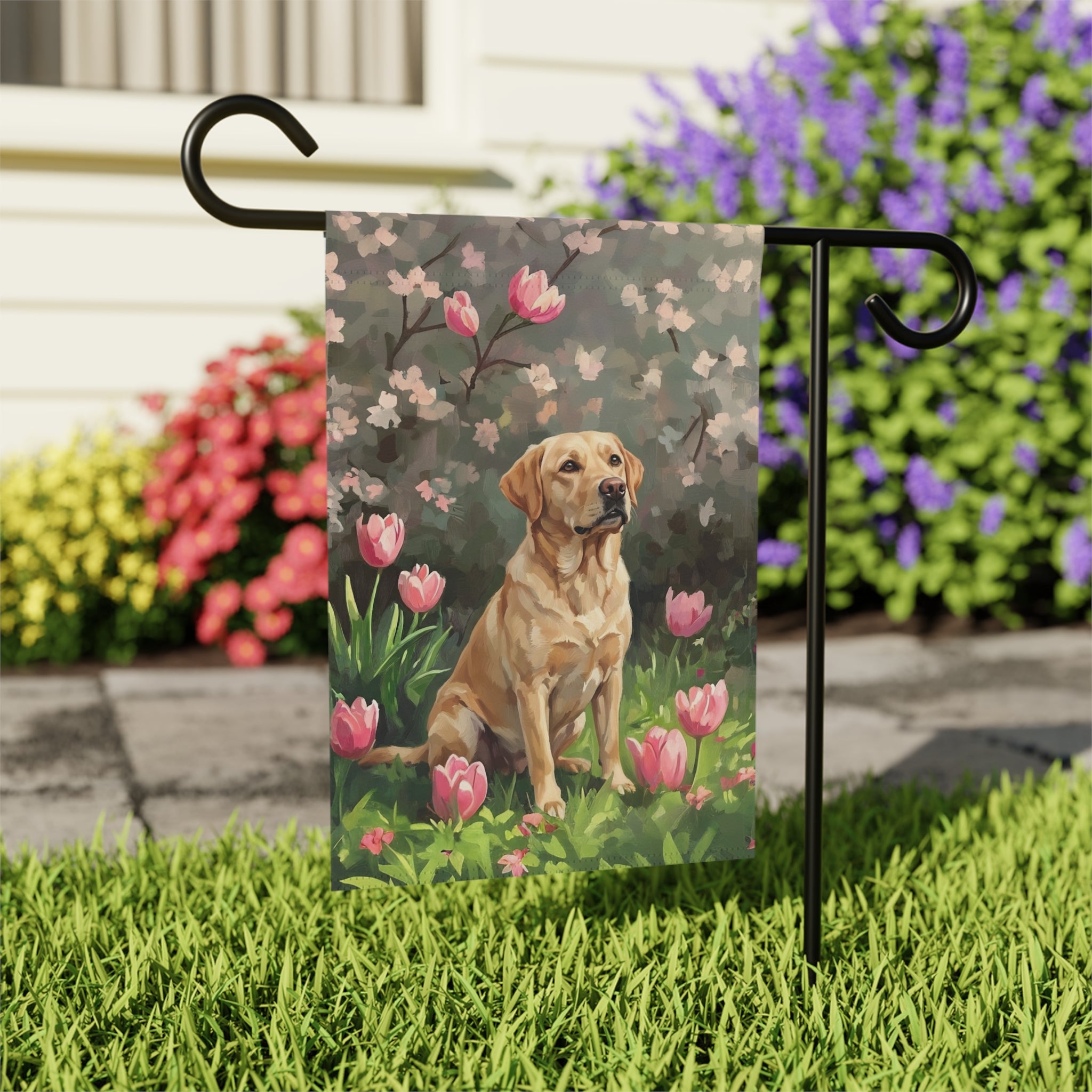 Pink Tulips And Yellow Labrador Retriever Garden Flag - outdoor display - Dragonfire Gardens