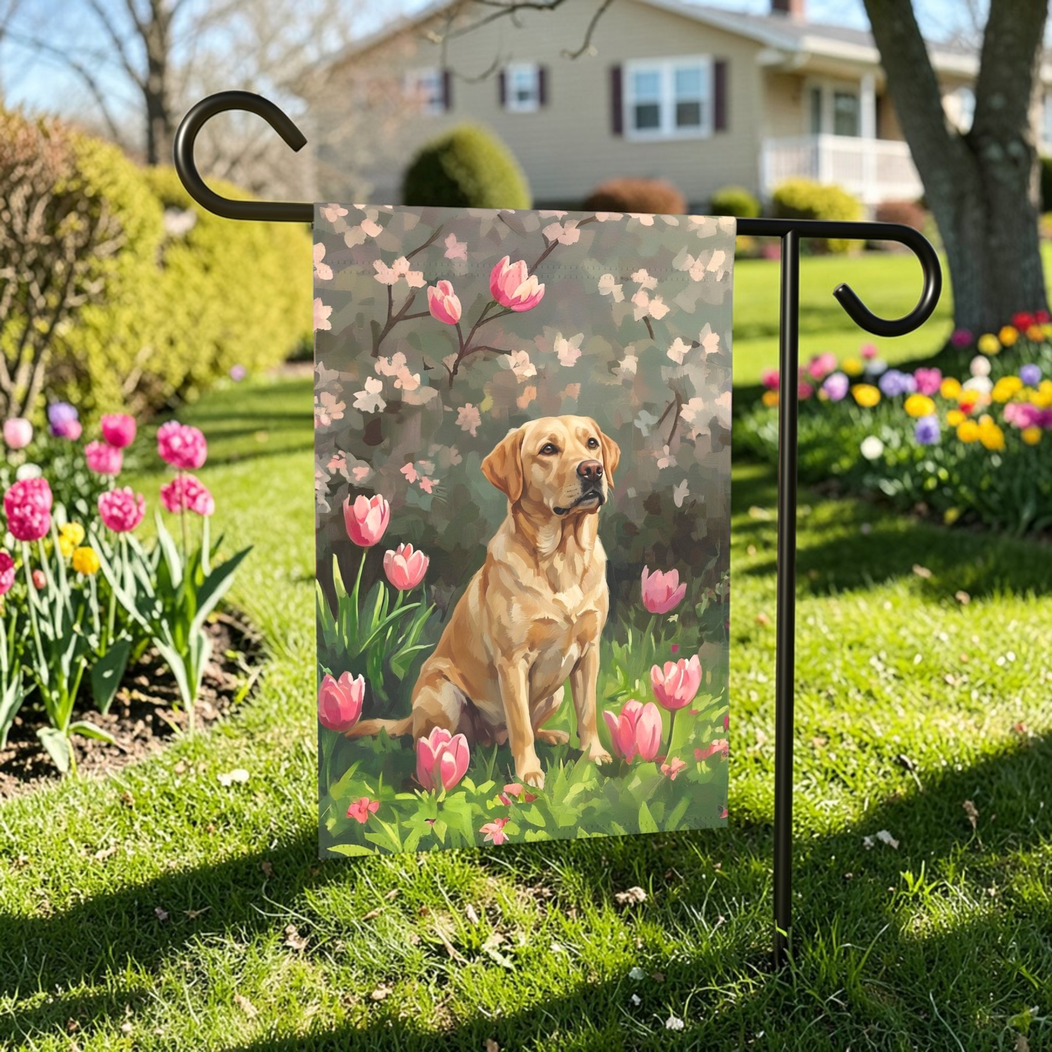 Pink Tulips And Yellow Labrador Retriever Garden Flag - front view - Dragonfire Gardens