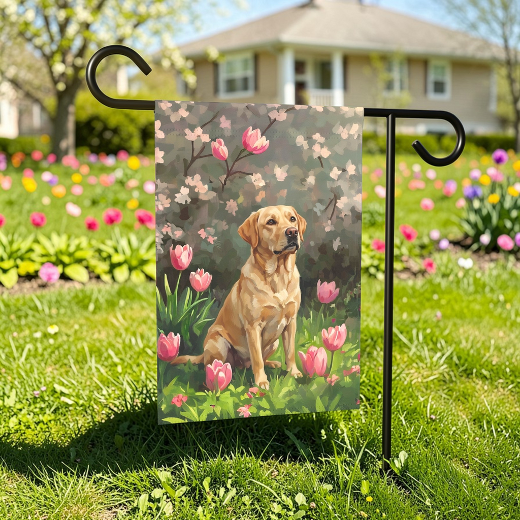 Pink Tulips And Yellow Labrador Retriever Garden Flag - lifestyle display - Dragonfire Gardens