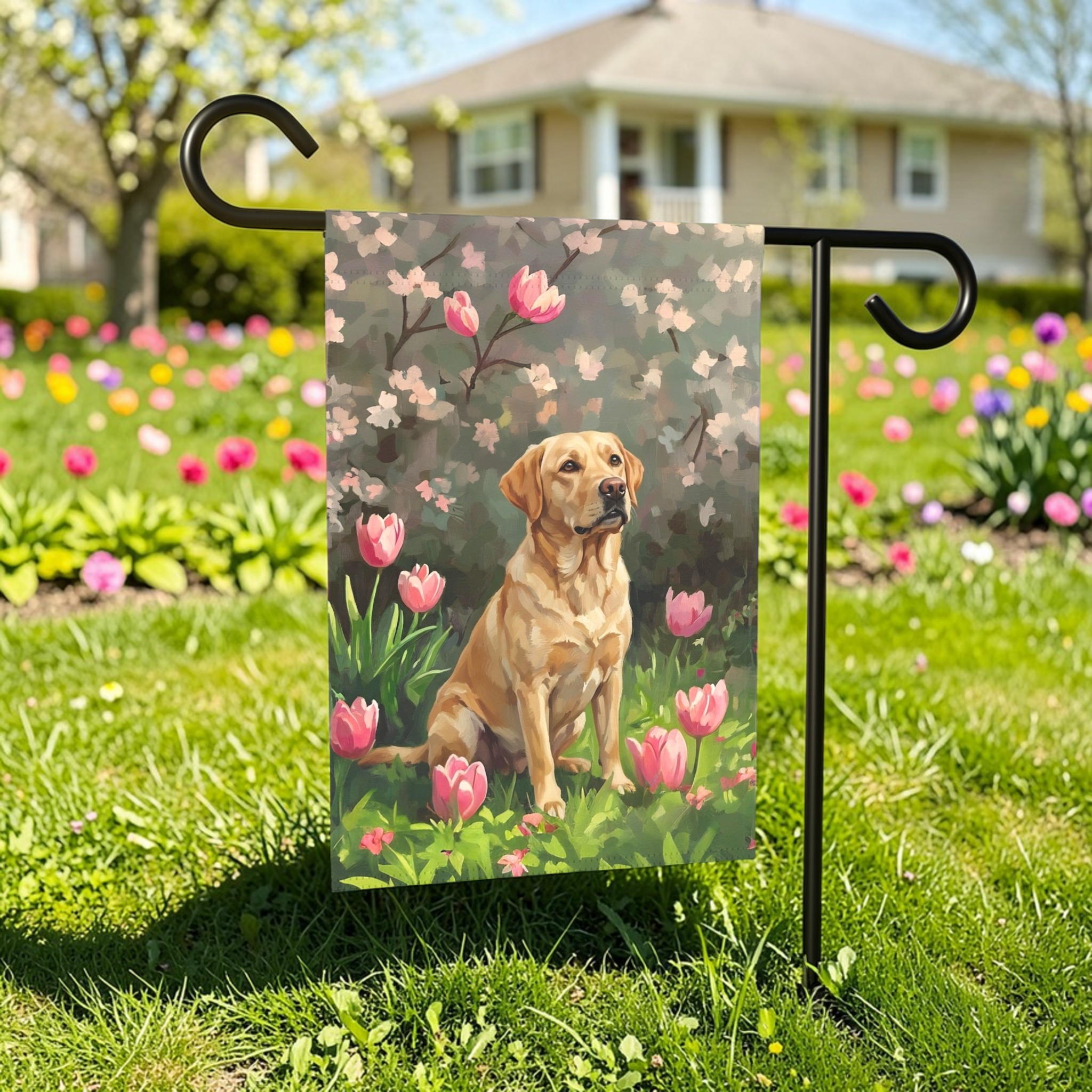 Pink Tulips And Yellow Labrador Retriever Garden Flag - lifestyle display - Dragonfire Gardens