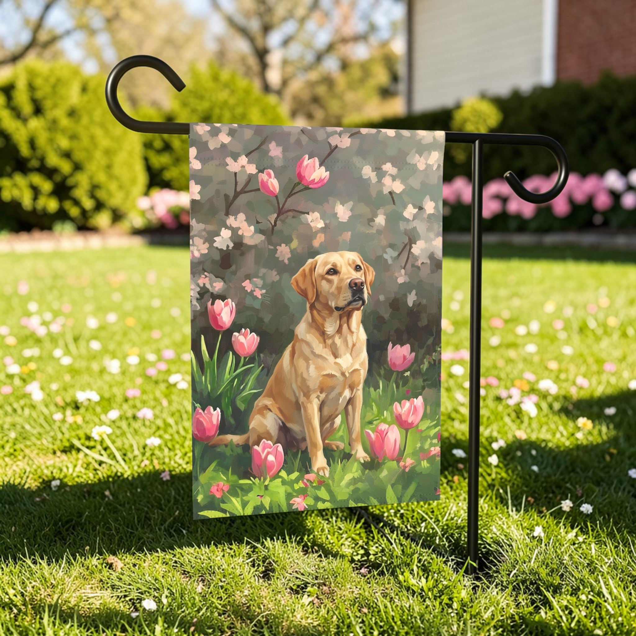Pink Tulips And Yellow Labrador Retriever Garden Flag - size comparison - Dragonfire Gardens