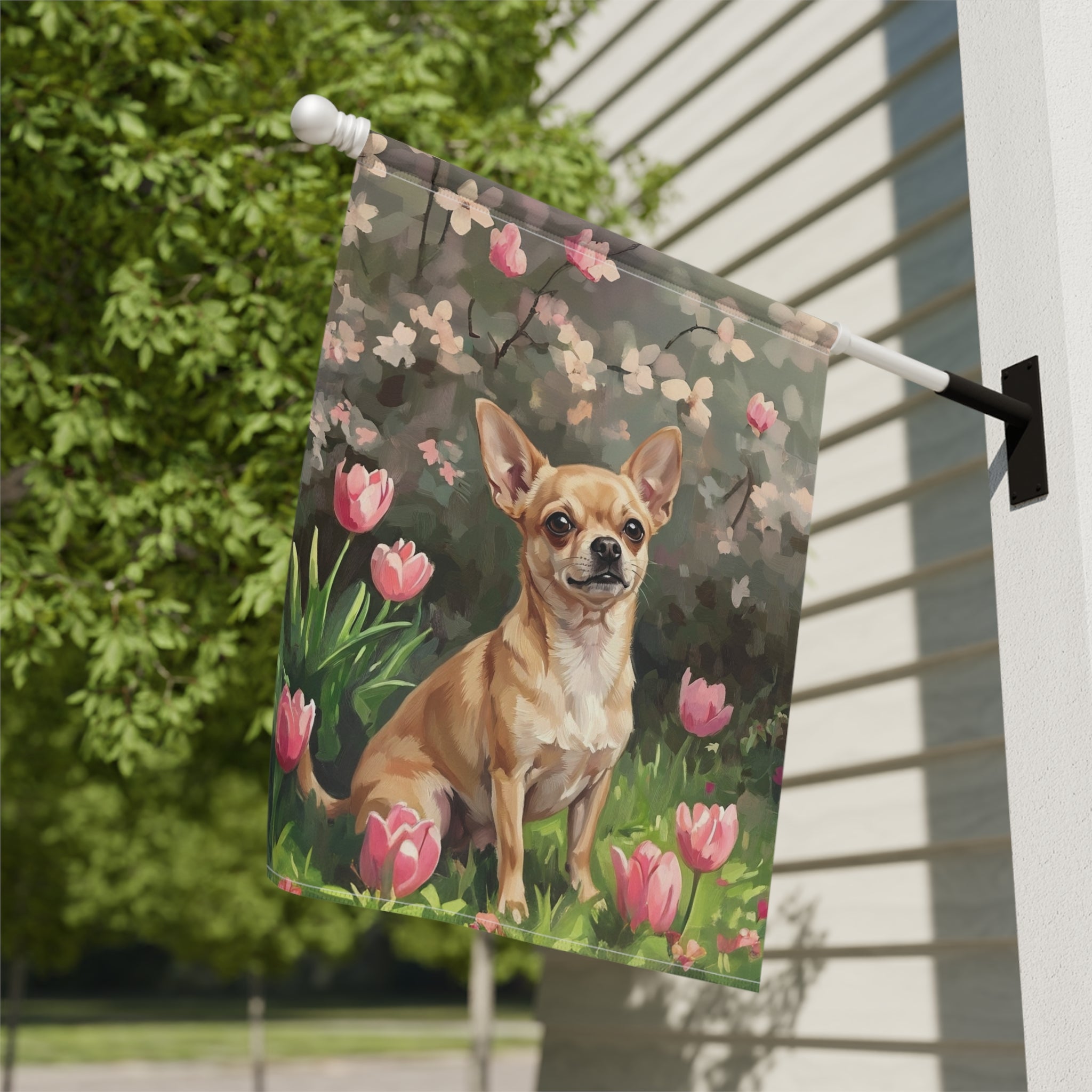 Pink Tulips and Chihuahua Spring Garden Flag - close-up detail - Dragonfire Gardens