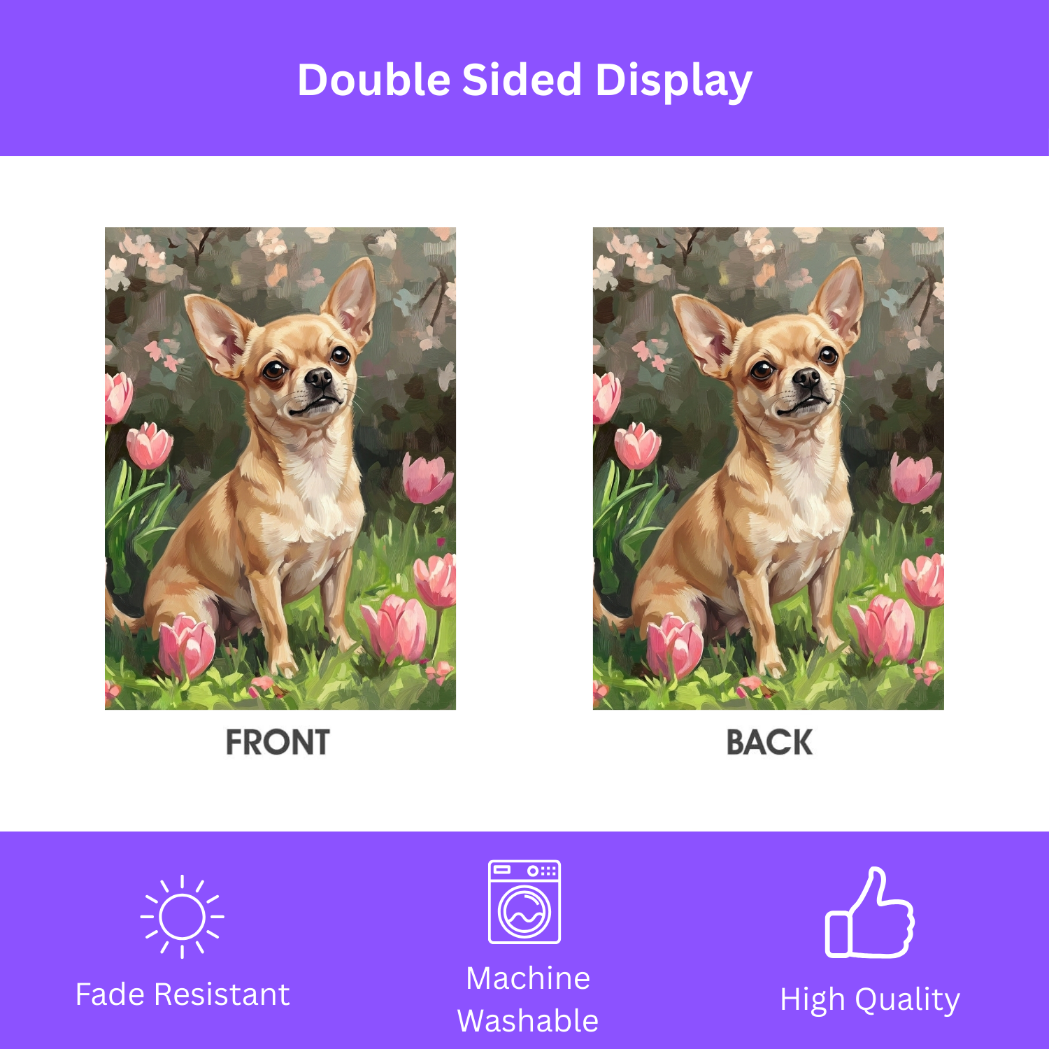 Pink Tulips and Chihuahua Spring Garden Flag - double-sided design - Dragonfire Gardens