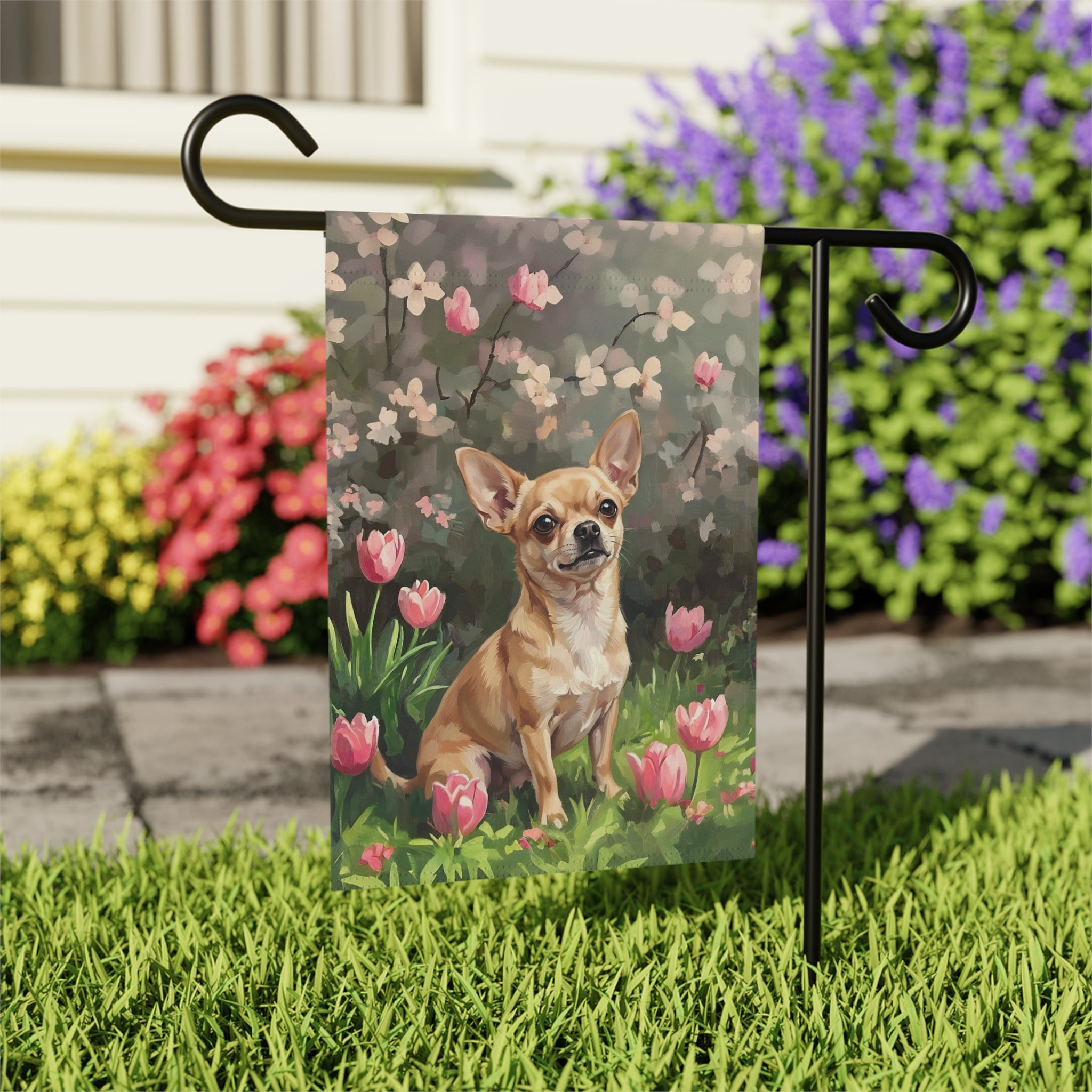 Pink Tulips and Chihuahua Spring Garden Flag - outdoor display - Dragonfire Gardens