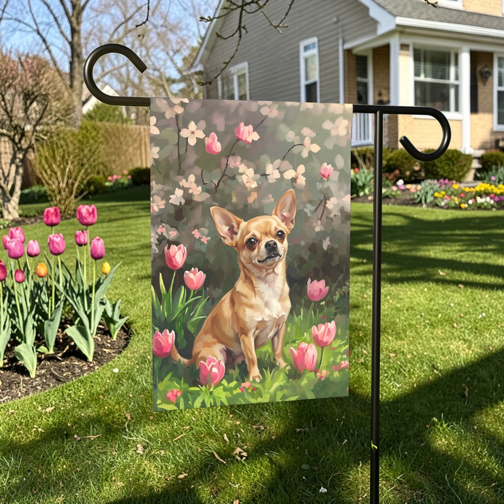 Pink Tulips and Chihuahua Spring Garden Flag - porch decor - Dragonfire Gardens