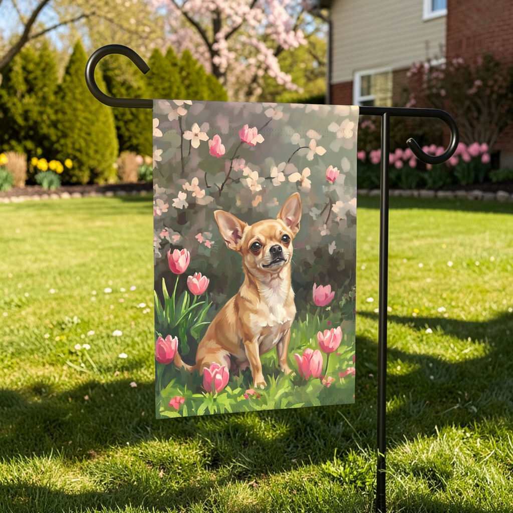 Pink Tulips and Chihuahua Spring Garden Flag - size comparison - Dragonfire Gardens